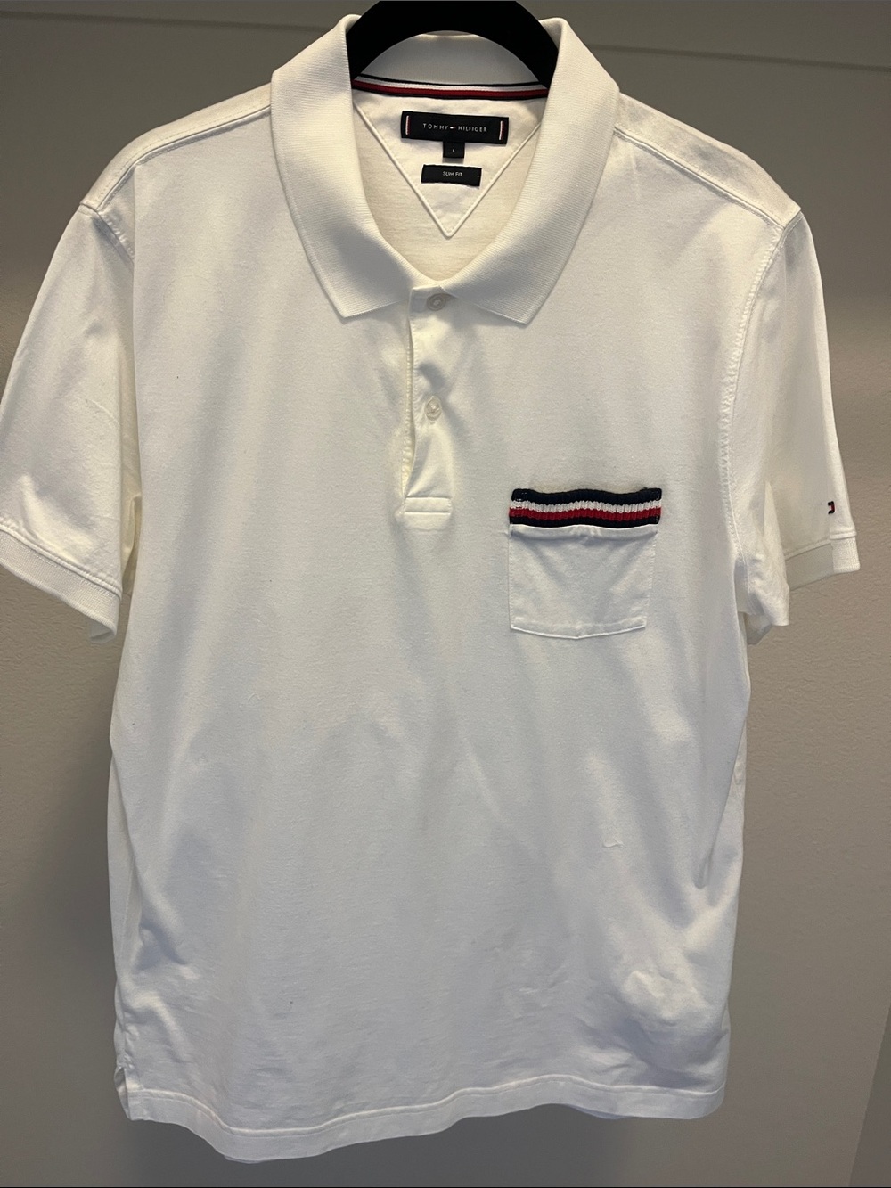 Tommy Hilfiger White Polo with Red & Navy Chest Stripe